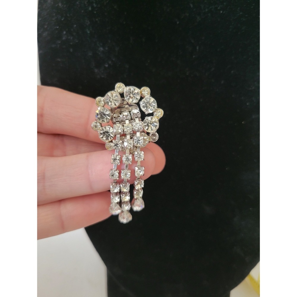 Vintage Austria Clear Rhinestone Dangle Clip On Earrings Silver Tone Sparkle